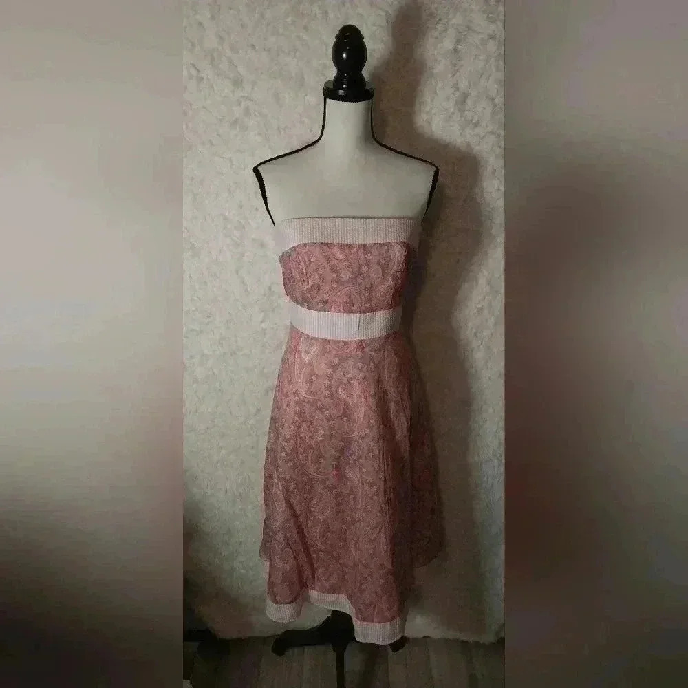Molly New York Strapless Lined Cotton dress Green Pink Pattern Stripe Trim Size